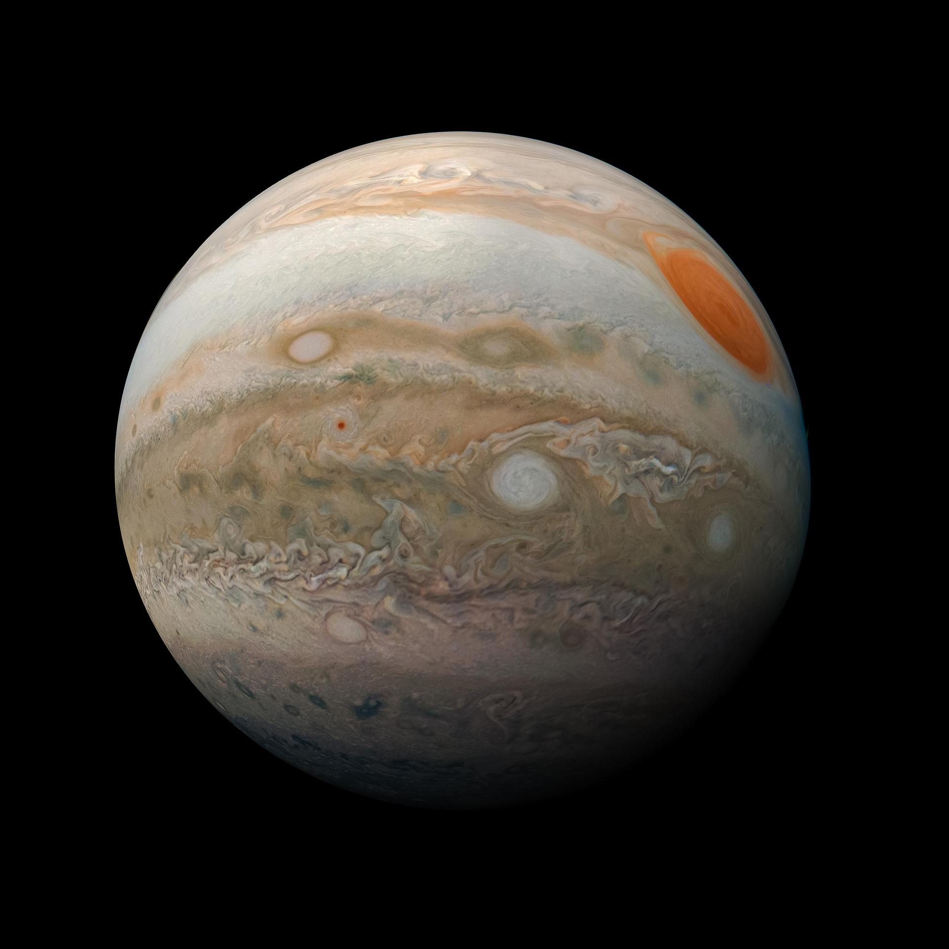 JunoCam view of Jupiter’s atmospheric bands filling an ultrawide frame: weather, not a globe.