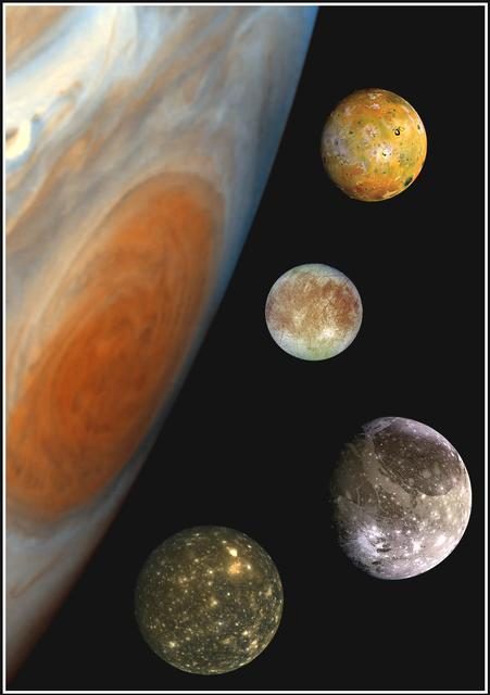 Hubble portrait of Jupiter with the Galilean moons Io, Europa, Ganymede and Callisto set as notation across darkness.