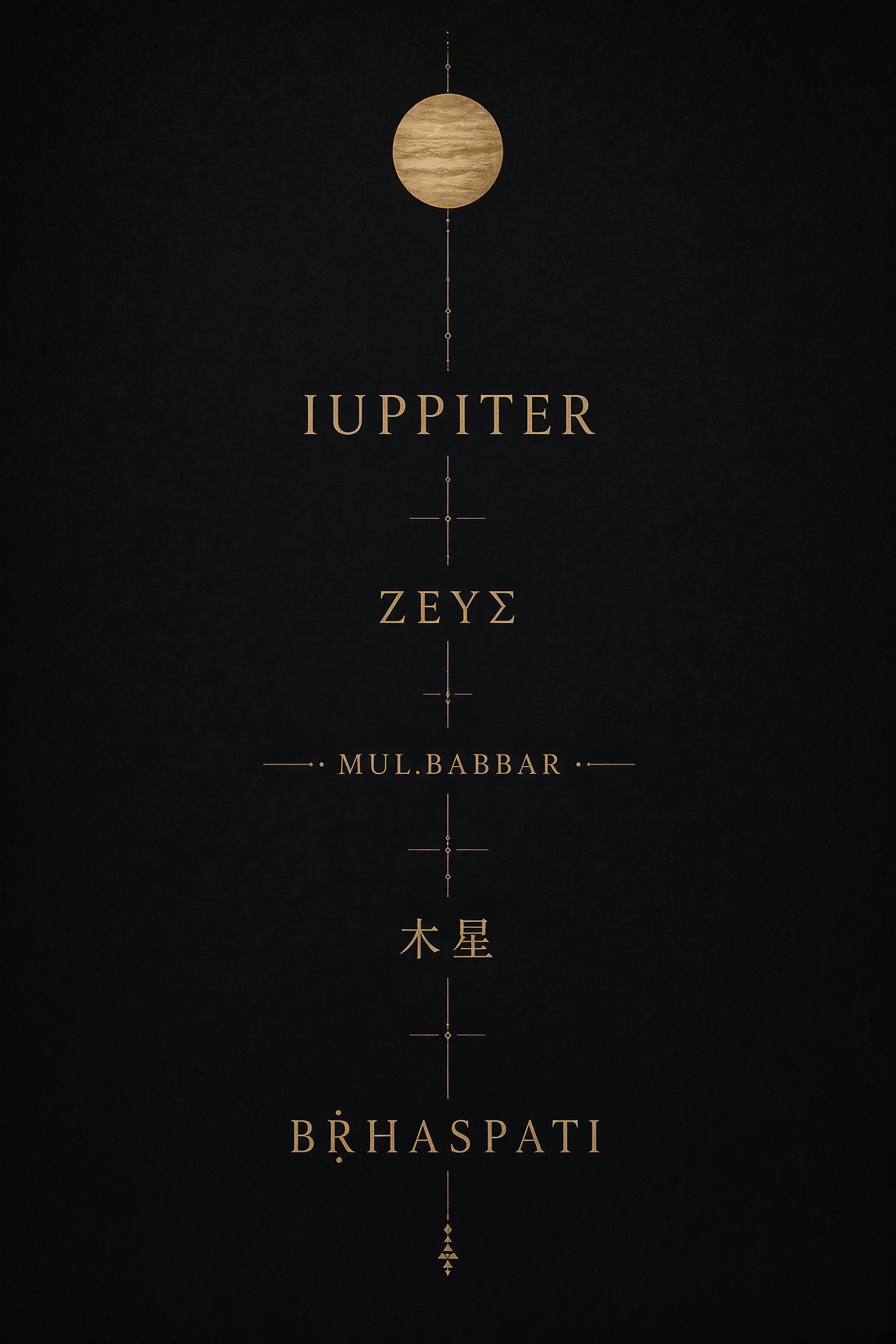 A generated inscription plate: five names of the same wanderer on one vertical axis. Not portraits of gods.