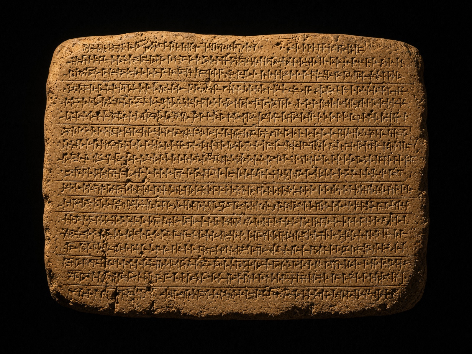 Generated clay tablet in raking light. Cuneiform as texture, not a readable diary.