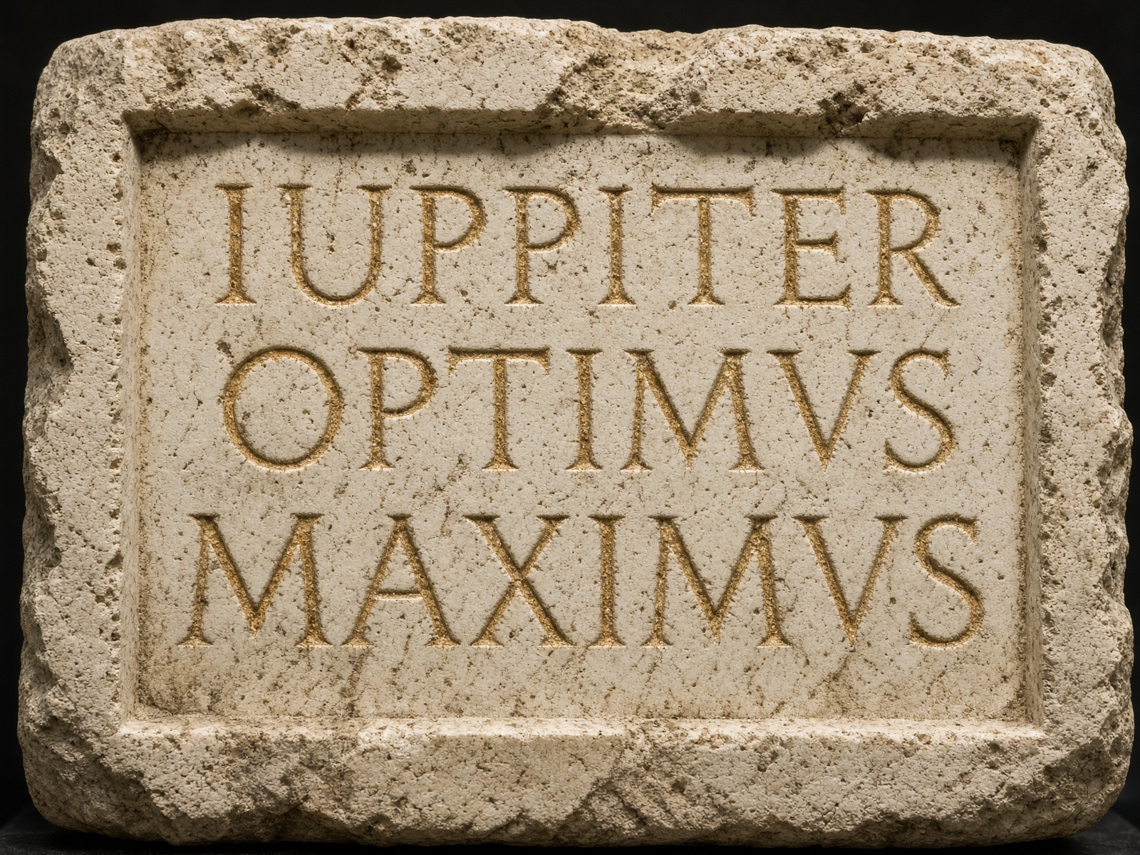 Generated interpretation of a Capitoline inscription: Iuppiter Optimus Maximus carved in stone. Not a surviving original.